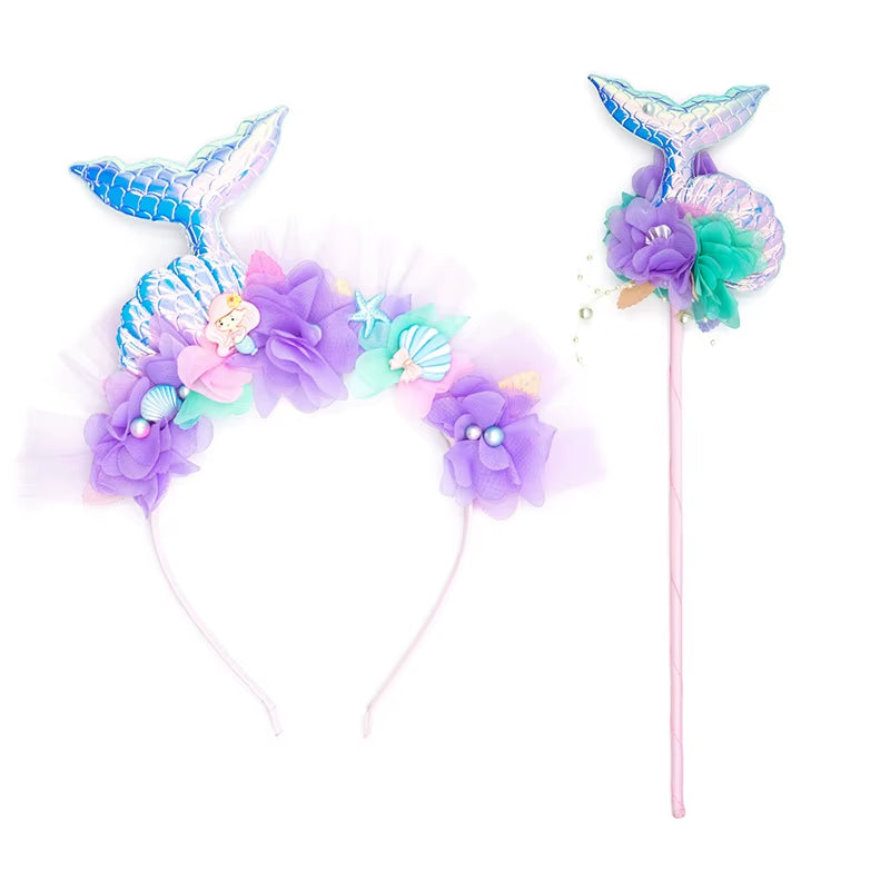 Purple Mermaid Headpiece Kids Hair Hoop Sequins Fairy Princess Angel Wand Sticks Children'S Dress up Headdress Accessories