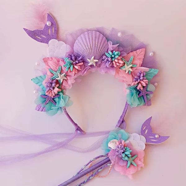 Purple Mermaid Headpiece Kids Hair Hoop Sequins Fairy Princess Angel Wand Sticks Children'S Dress up Headdress Accessories