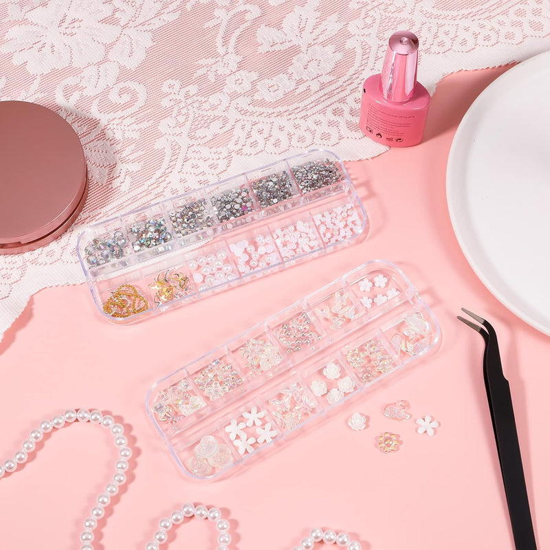3D Acrylic Butterfly Flowers for Nails, Bear Charms, Flat Accessories - 24 Styles Starry AB Gems, Stones, Pearls, Gold Metal for DIY Art Designs and Jewelry Making