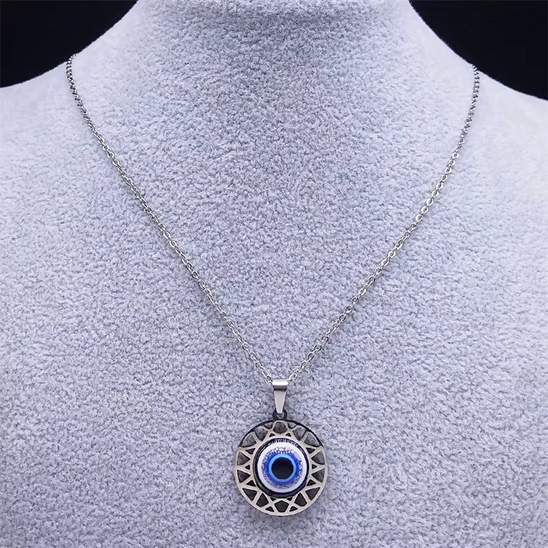 Fashion Turkish Blue Eye Pendant Necklace Stainless Steel Silver Color Blue Lucky Eyes Necklaces Gift Jewelry Collier N8023S01