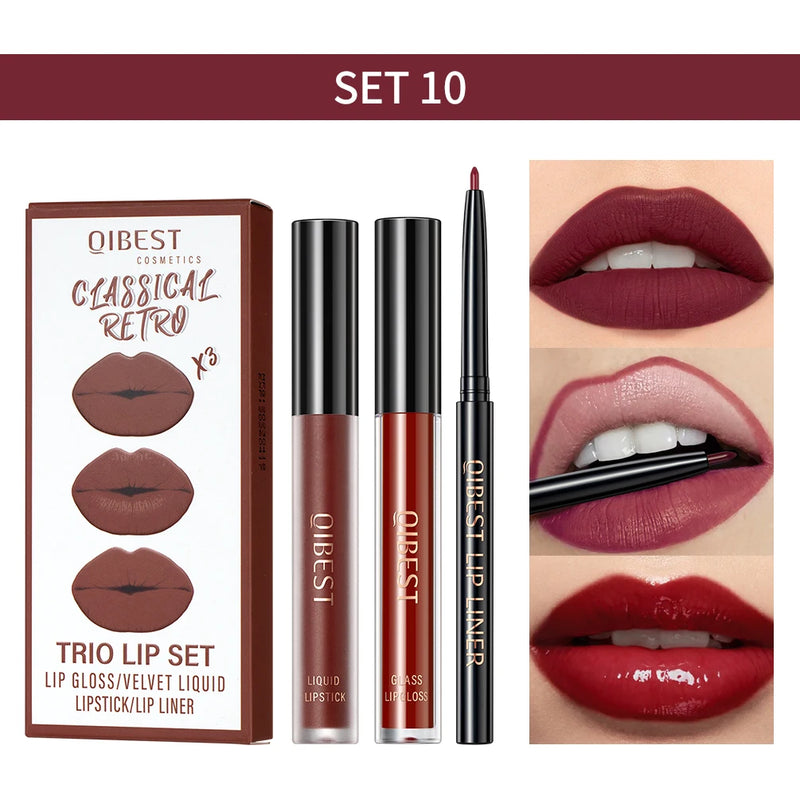 3Pcs Lip Makeup Sets Lip Gloss Glaze Tint Long-Lasting Matte Liquid Lipstick Waterproof Sweatproof Lip Liner Pencil Contour Kits