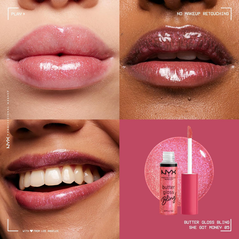 , Butter Gloss Bling, Non-Sticky, High Shine, Universally Flattering, 8 Ml - She Got Money (Shimmery Pink)