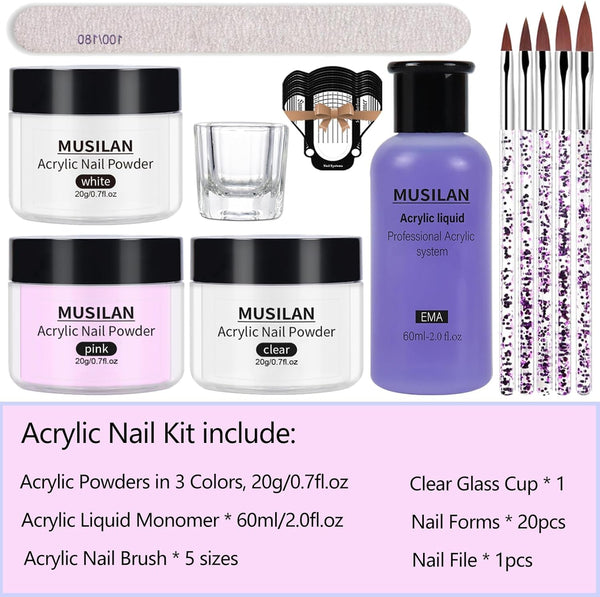 Acrylic Nail Kit-Acrylic Liquid Monomer and Acrylic Powder Set,Professional Acrylic Nail Kit Acrylic Nail Powder Acrylic Liquid Nail Brush Tips for Acrylic Nails Extension Beginner Nail Kit