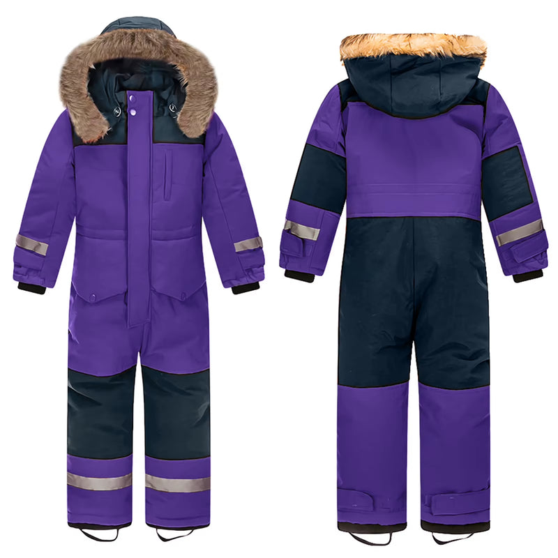 Baby Girls Boys One-Piece Ski Suits Children'S Snowboarding Fur Hooded Thick Windproof Warm Skiing Sports Clothes for Winter