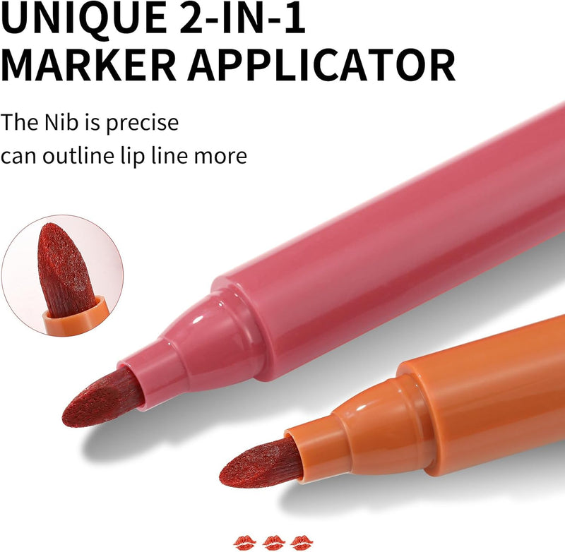 2 Color Lip Stain Tip Marker Set,Hydrating & Long Lasting Lip Liner Stain Waterproof Smudgeproof Lip Tint Matte Lip Maker with Easy Drawing Tip (Pumpkin + Cherry)