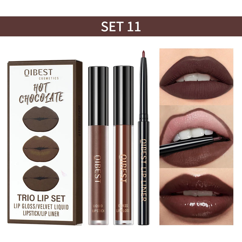 3Pcs Lip Makeup Sets Lip Gloss Glaze Tint Long-Lasting Matte Liquid Lipstick Waterproof Sweatproof Lip Liner Pencil Contour Kits