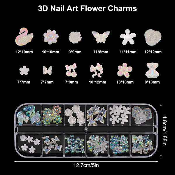 3D Acrylic Butterfly Flowers for Nails, Bear Charms, Flat Accessories - 24 Styles Starry AB Gems, Stones, Pearls, Gold Metal for DIY Art Designs and Jewelry Making