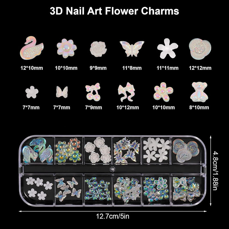3D Acrylic Butterfly Flowers for Nails, Bear Charms, Flat Accessories - 24 Styles Starry AB Gems, Stones, Pearls, Gold Metal for DIY Art Designs and Jewelry Making