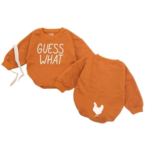 STAFAZ Guess What Chicken Butt Baby Romper - Funny Orange Bodysuit with Chicken Graphic Gender Neutral Baby Shower Gift Double Sided Design Perfect for America