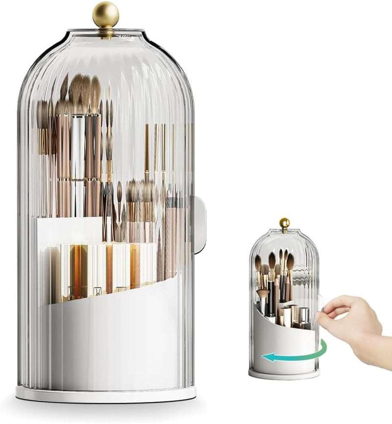 Makeup Brush Holder Case, 360° Rotating Cosmetic Organizer with Dustproof Lid, Spinning Comestic Storage Organizer for Vanity and Bathroom (White)