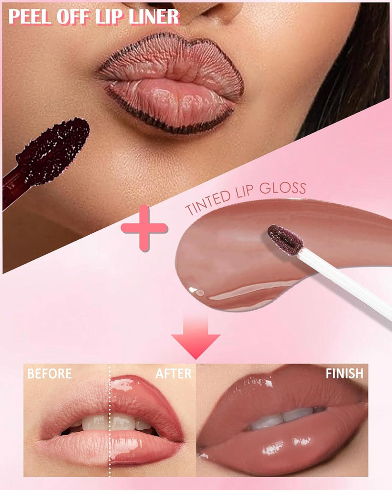 Brown Peel off Lip Liner Stain & Lip Oil Set, Long-Lasting Smudge-Proof Matte Peel off Lip Stain Tint, Hydrating Non-Sticky Tinted Lip Gloss Oil, Plumping Glossy Lip Gloss Lip Combo Makeup for Women-C