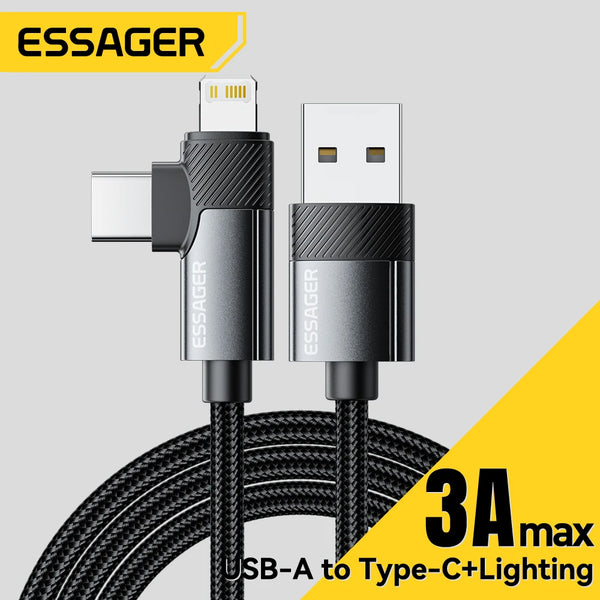 PD 2 in 1 USB a Cable 90 Degree Angle Type C/Lightning Fast Charging Cable for Iphone 16 15 14Pro Max Ipad Xiaomi Huawei