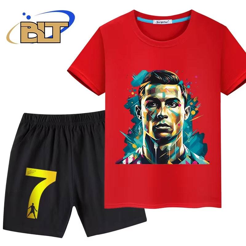 Ronaldo Head Print Children'S Clothing Summer Kids T-Shirt Set Pure Cotton Short-Sleeved Shorts 2-Piece Set Boys and Girls Gifts