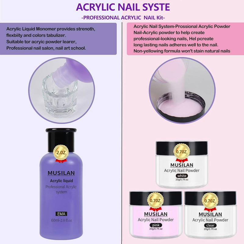 Acrylic Nail Kit-Acrylic Liquid Monomer and Acrylic Powder Set,Professional Acrylic Nail Kit Acrylic Nail Powder Acrylic Liquid Nail Brush Tips for Acrylic Nails Extension Beginner Nail Kit