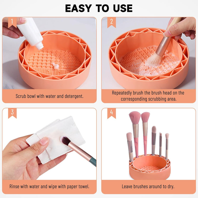 Makeup Brush Cleaner Mat with Drying Rack, Silicone Makeup Brush Cleaning Mat Scrubber Bowl, Make up Brush Cleaner Pad for Cosmetic Brushes,Orange