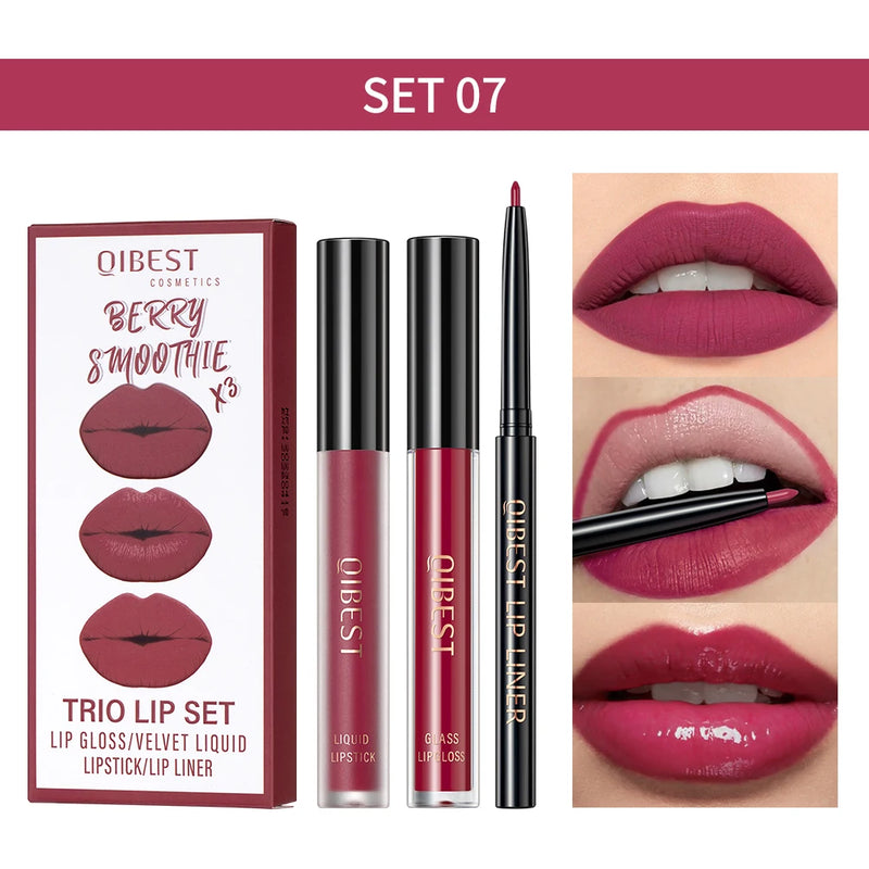 3Pcs Lip Makeup Sets Lip Gloss Glaze Tint Long-Lasting Matte Liquid Lipstick Waterproof Sweatproof Lip Liner Pencil Contour Kits