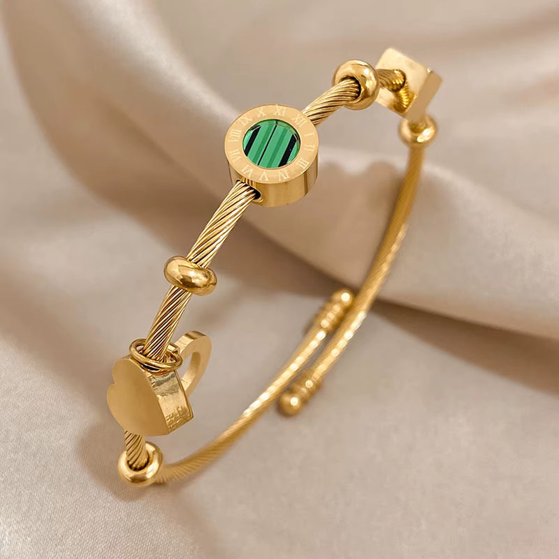 316L Stainless Steel Malachite Roman Letters Charm Bangles Bracelets for Women Gold Color Waterproof Wrist Jewelry Gift
