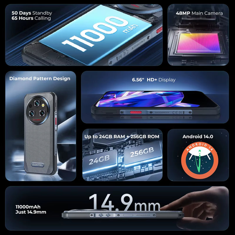 WP35 S Rugged Phone 6.56" HD+ 24GB(6+18)+256GB 11000Mah Mobile Phones Androids NFC Rugged Smartphone Business Phone