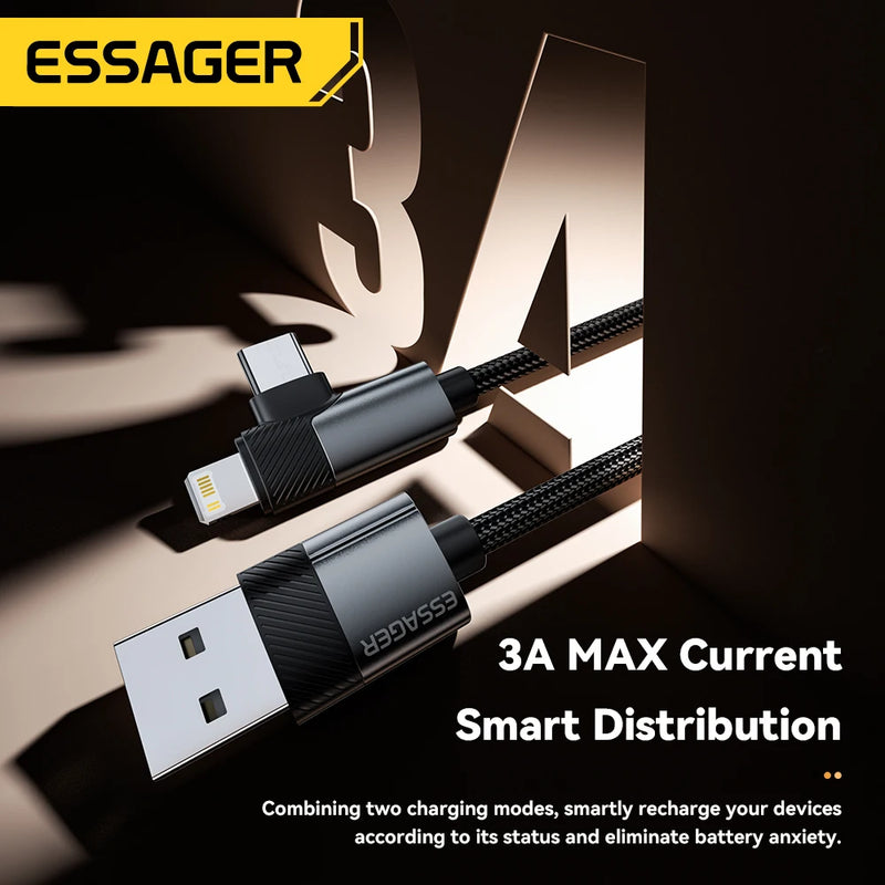 PD 2 in 1 USB a Cable 90 Degree Angle Type C/Lightning Fast Charging Cable for Iphone 16 15 14Pro Max Ipad Xiaomi Huawei