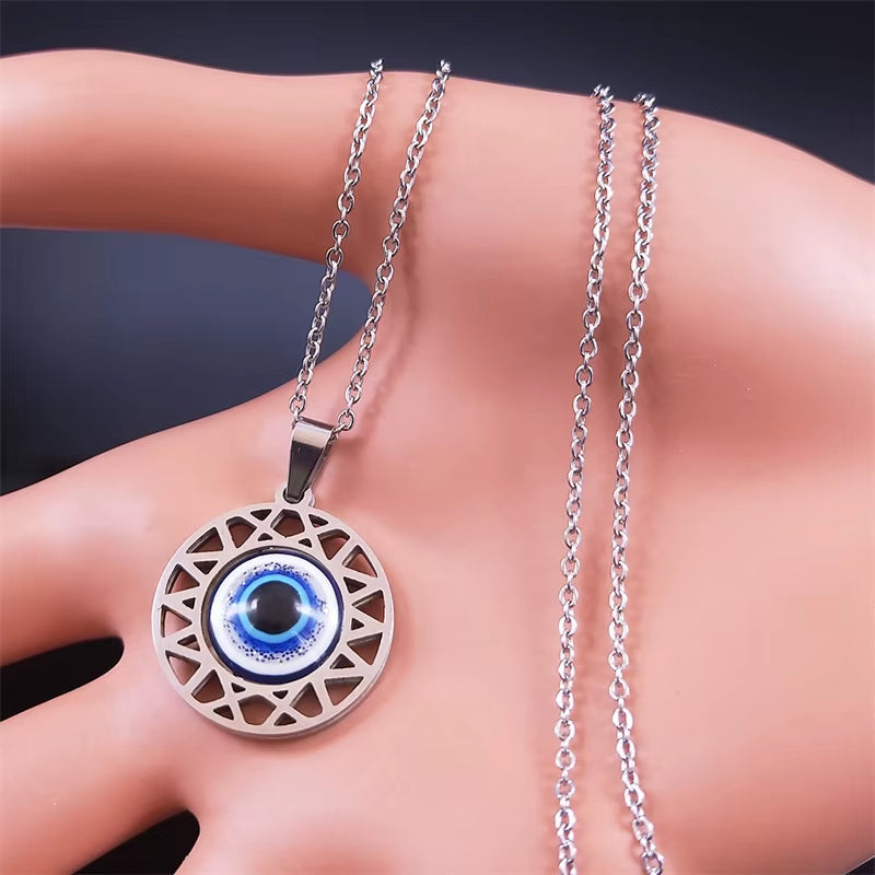 Fashion Turkish Blue Eye Pendant Necklace Stainless Steel Silver Color Blue Lucky Eyes Necklaces Gift Jewelry Collier N8023S01