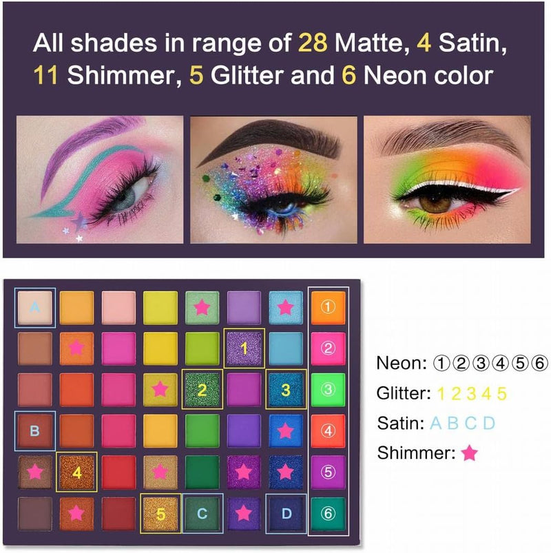EXOTIC FLAVORS Neon Eyeshadow Makeup Palette - 48 Colorful High Pigmented - Rainbow Matte Shimmer Glitter Eye Shadow Make up Pallet Gift Set