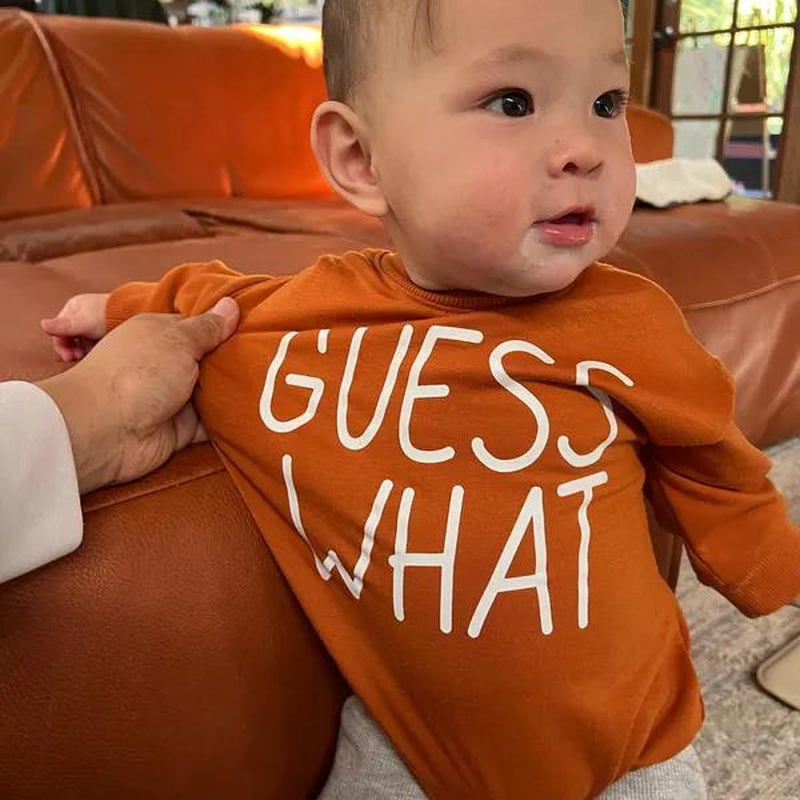 STAFAZ Guess What Chicken Butt Baby Romper - Funny Orange Bodysuit with Chicken Graphic Gender Neutral Baby Shower Gift Double Sided Design Perfect for America