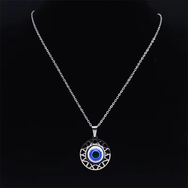 Fashion Turkish Blue Eye Pendant Necklace Stainless Steel Silver Color Blue Lucky Eyes Necklaces Gift Jewelry Collier N8023S01