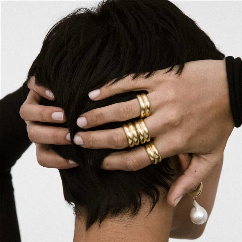 Stainless Steel Minimalist Double Layers Wide Glossy Rings Statement Designed Rings for Women Street Style Sisters' Ring