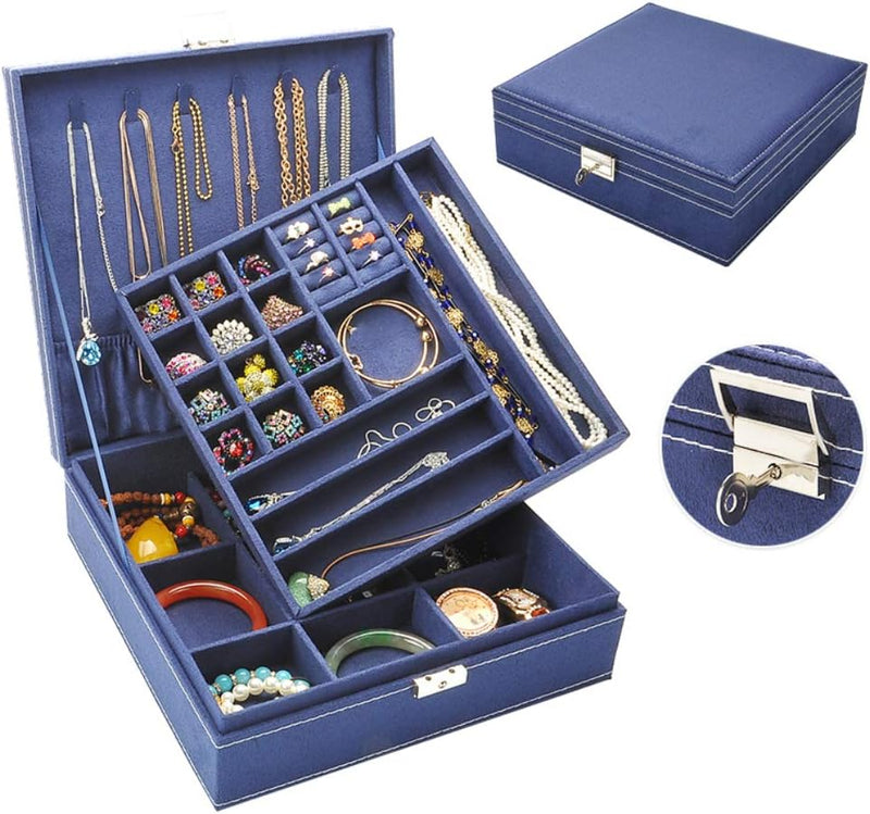 Travel Jewelry Organizer Storage Case & Two Layers Lint Wooden Jewelry Box Organizer Display Storage Case with Lock