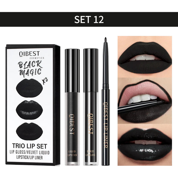 3Pcs Lip Makeup Sets Lip Gloss Glaze Tint Long-Lasting Matte Liquid Lipstick Waterproof Sweatproof Lip Liner Pencil Contour Kits