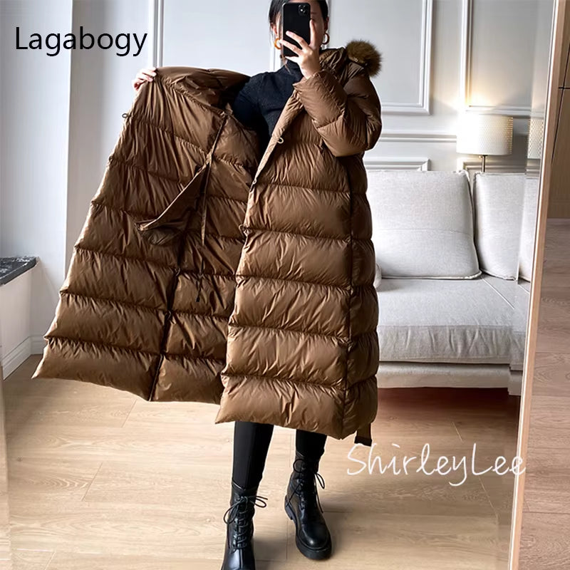 2025 Winter Women 90% White Duck down Jackets Ultra Light Warm Long Parkas Real Fox Fur Collar Female Hooded Snow Coats