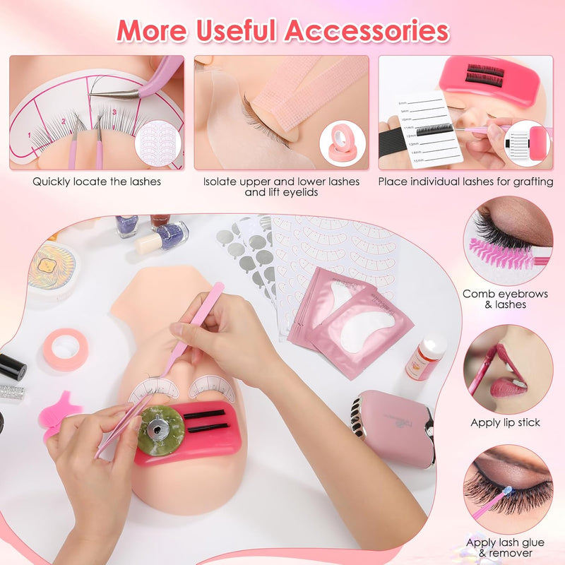 Professional Lash Extension Kit for Eyelash Extension Practice: Mannequin Head with Replaced Eyelids, Glue, Lash Remover, Lashes, Lash Tech Must Haves Training Set, Lash Kits Tools for Beginner