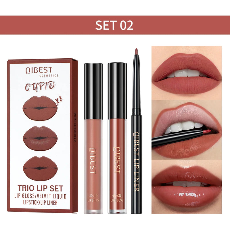 3Pcs Lip Makeup Sets Lip Gloss Glaze Tint Long-Lasting Matte Liquid Lipstick Waterproof Sweatproof Lip Liner Pencil Contour Kits