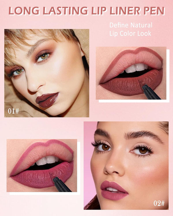 2 Colors Lip Stain Marker Pen, Dark Red Pink Lip Liner Pencil, Matte Finish Lip Tint Stain Liquid Lipstick, Longlasting Smudge-Proof Waterproof Lipliner, Precise Pen Tip, Makeup Gift for Women-01+02