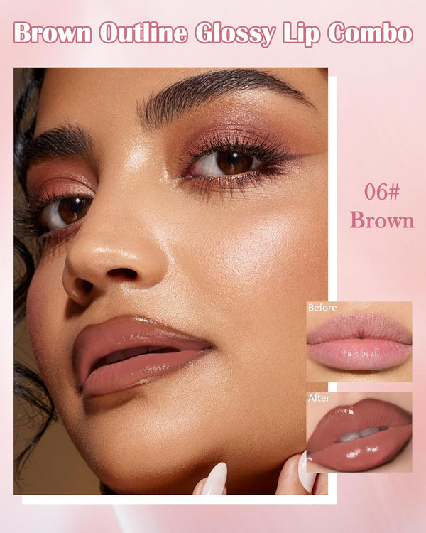 Brown Peel off Lip Liner Stain & Lip Oil Set, Long-Lasting Smudge-Proof Matte Peel off Lip Stain Tint, Hydrating Non-Sticky Tinted Lip Gloss Oil, Plumping Glossy Lip Gloss Lip Combo Makeup for Women-C