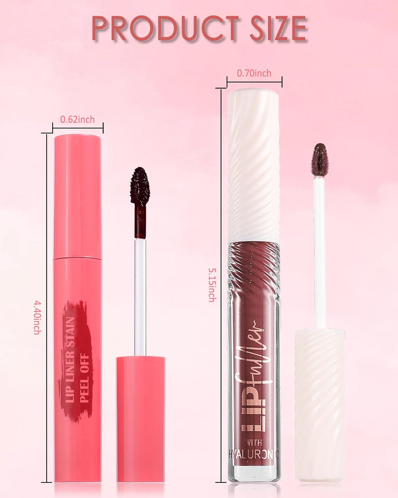Brown Peel off Lip Liner Stain & Lip Oil Set, Long-Lasting Smudge-Proof Matte Peel off Lip Stain Tint, Hydrating Non-Sticky Tinted Lip Gloss Oil, Plumping Glossy Lip Gloss Lip Combo Makeup for Women-C