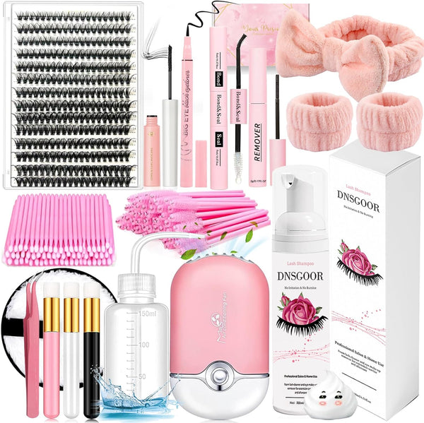 DIY Lash Extension Kit with 280 PCS 9-16Mm 40D Lashes Clusters 200Ml/6.7Fl.Oz Lash Cleanser Eyelash Shampoo Mini USB Portable Lash Fan Bond and Seal Remover Eyeliner Eyelid Cleaning Brush