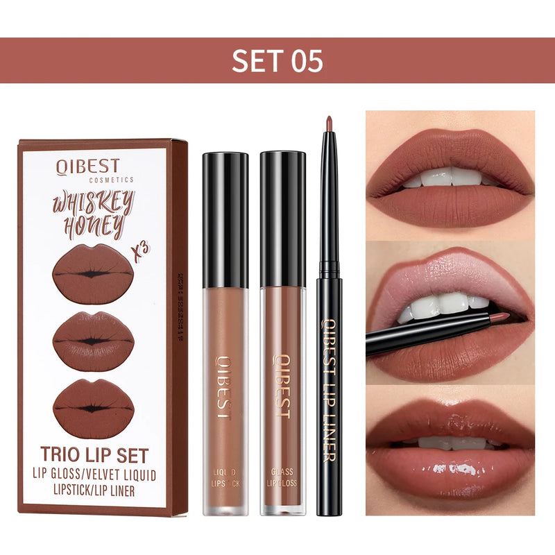 3Pcs Lip Makeup Sets Lip Gloss Glaze Tint Long-Lasting Matte Liquid Lipstick Waterproof Sweatproof Lip Liner Pencil Contour Kits
