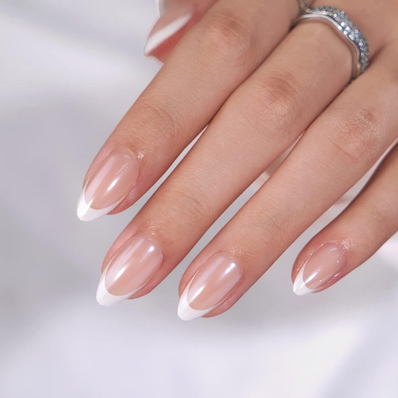 French Tip Press on Nails -  White Press on Nails Almond, Medium Glue on Nails with Nail Glue, Reusable Stick on Nails in 15 Sizes - 30 Soft Gel Fake Nails Kit, Classic