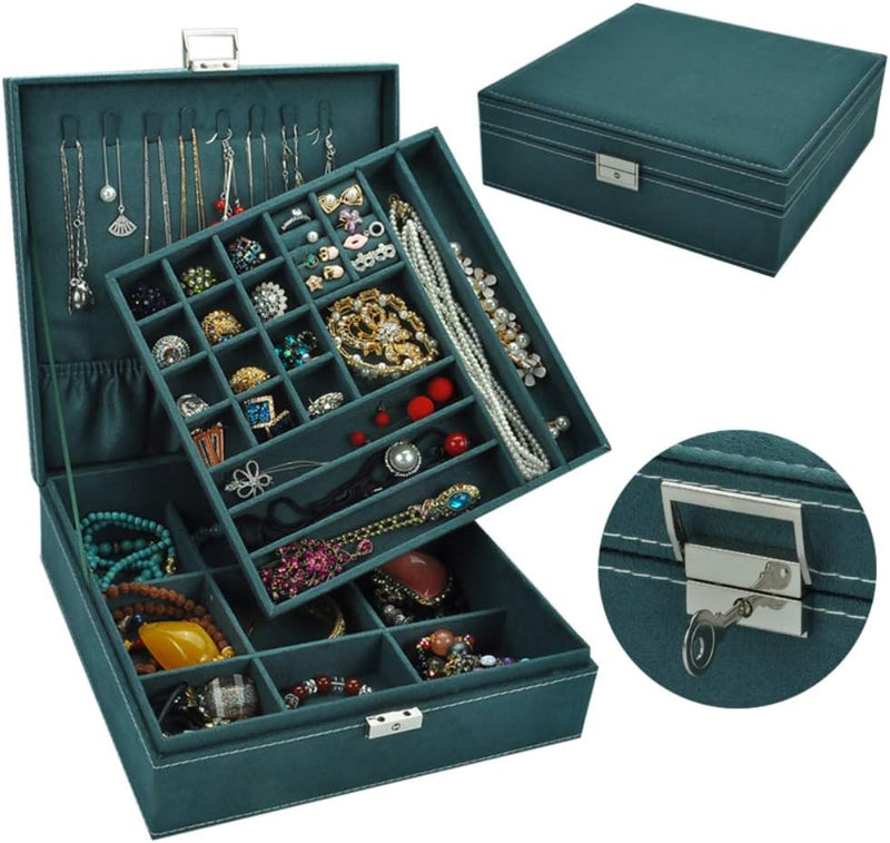 Travel Jewelry Organizer Storage Case & Two Layers Lint Wooden Jewelry Box Organizer Display Storage Case with Lock