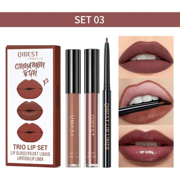 3Pcs Lip Makeup Sets Lip Gloss Glaze Tint Long-Lasting Matte Liquid Lipstick Waterproof Sweatproof Lip Liner Pencil Contour Kits