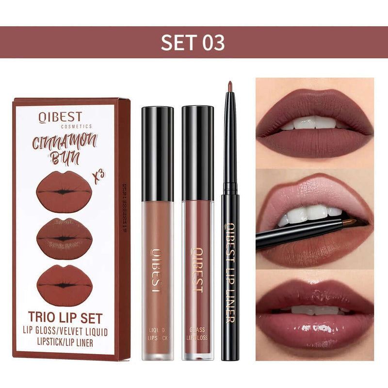 3Pcs Lip Makeup Sets Lip Gloss Glaze Tint Long-Lasting Matte Liquid Lipstick Waterproof Sweatproof Lip Liner Pencil Contour Kits