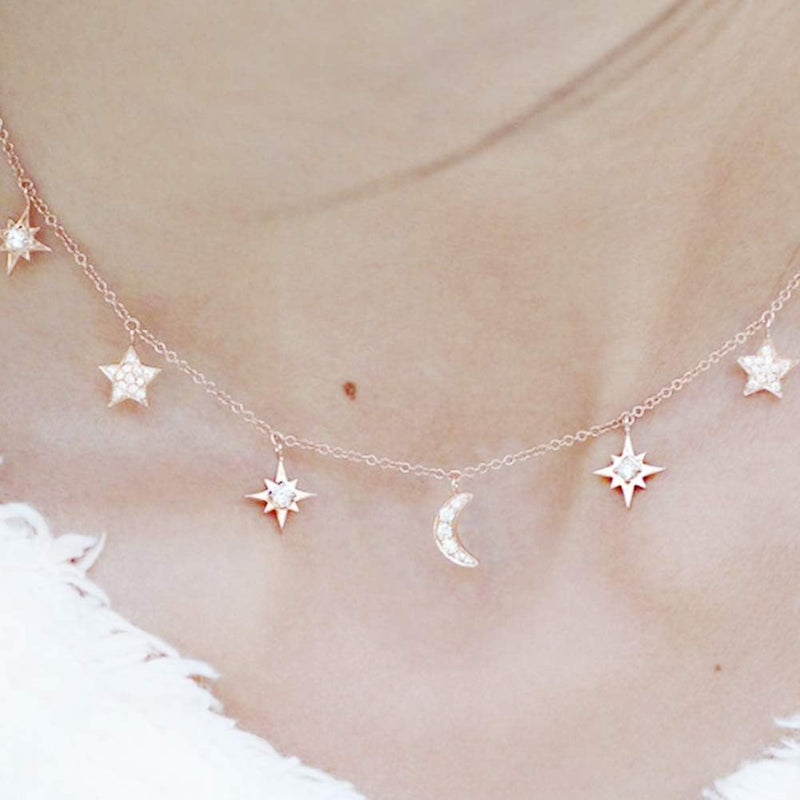 Necklances for Women Fashion & Elegant Jewelry Shiny Rhinestone Moon Star Pendant Charm Collar Lady Necklace