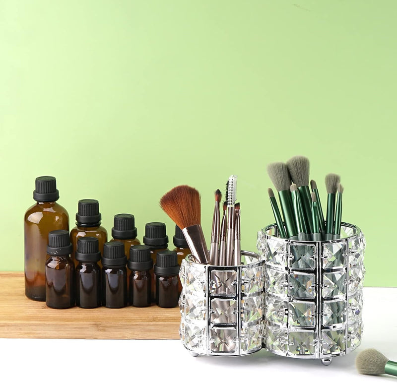 Crystal Makeup Brush Holder Organizer, Cosmetic Makeup Brush Storage Container Cup for Table, Dresser, Bathroom, Bedroom Organization, One-Piece Circular Brush Organizer (Silver)