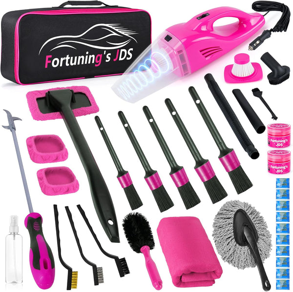 35PCS Car Detailing Kit Interior Cleaner with High Power Handheld Vacuum,Car Wash Kit with Detailing Brush Set,Car Interior Detailing Kit,Pink Car Accessories for Motorcycle,Cars Gifts for Women