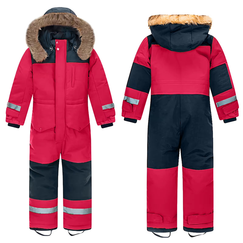 Baby Girls Boys One-Piece Ski Suits Children'S Snowboarding Fur Hooded Thick Windproof Warm Skiing Sports Clothes for Winter