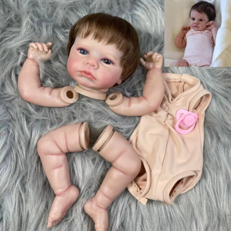 20Inch Painted Reborn Doll Kit Loulou Awake Blue Eyes with Rooted Hair 3D Painted Skin Unassembled DIY Handmade Vinyl Doll Parts