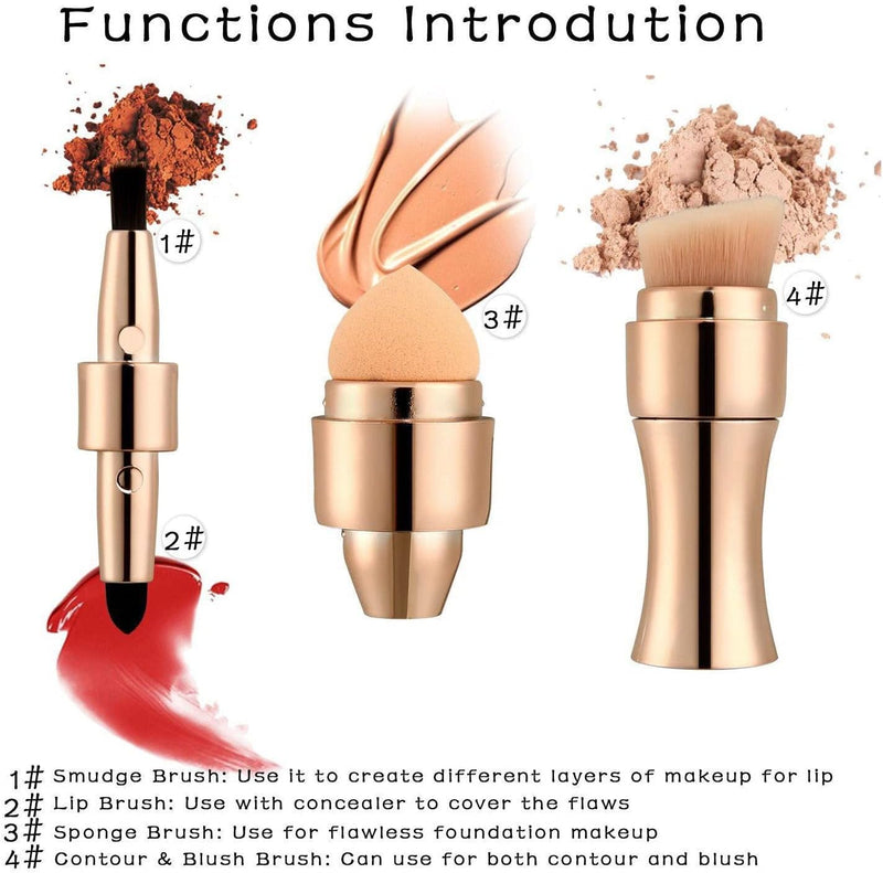 Foundation Sponge Mini Face Makeup Brush, 4 in 1 Makeup Brushes Tools Face Makeup Brush Soft Hair Portable Elastic Sponge Head Eyeshadow Lip Powder Travel Buffing Stippling Makeup Tools for Home Use