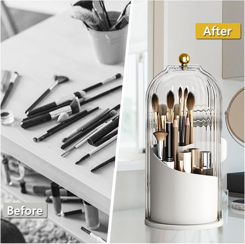 Makeup Brush Holder Case, 360° Rotating Cosmetic Organizer with Dustproof Lid, Spinning Comestic Storage Organizer for Vanity and Bathroom (White)