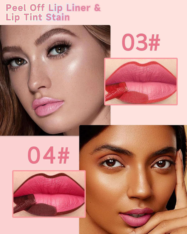 Pink Lip Stain Peel Off, 2Pcs Lip Liner Tattoo Stain Peel off with Matte Finish, Long Lasting Waterproof Smudge-Proof Lip Tint Stain, Non Stick Color Peel-Off Lipliners Delineador De Labios-03+04